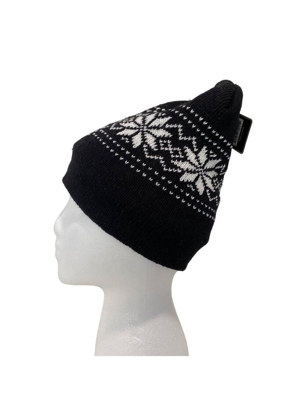 Winter Snowflake Knit Hat Black & White Wool/Acrylic Fleece Lined Beanie unisex